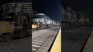 Union Pacific train flies by Dallas Union station with NS locomotives
