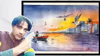 Sunset River Watercolor Drawing For Beginners|| Banaras Ghat Boat Painting.