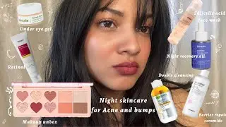 ⋆.˚ ᡣ˚Night skincare routine for bumps and acne prone skin) + makeup unboxing ⋆.˚
