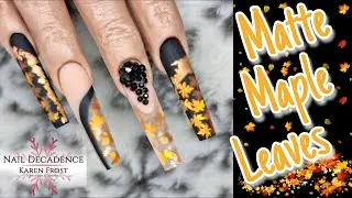 Acrylic Nails | Matte Black & Gold Maple Leaves | French | Clear Tips | XL Long Square #notpolish