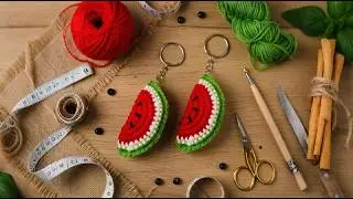 How to make a crochet Watermelon keychain with the pattern ( Right Handed )