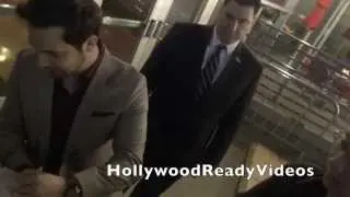 Skylar Astin greets fans arriving at the Cavemen premiere at Arclight in Hollywood