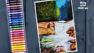 Easy Nature Landscape / Waterfall landscape drawing with oil pastels - Step by step