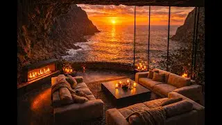 Ocean Waves at Sunset from a Cozy Cave | Fireplace & Candlelight Ambience for Sleep