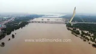 Flooded Yamuna River in Delhi, near Signature Bridge and Loha Pul : When nature claims back its own