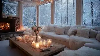 Gentle Piano with Warm Fire and Slow Snowfall in a Cozy Comfort Room for Peaceful Night Sleep
