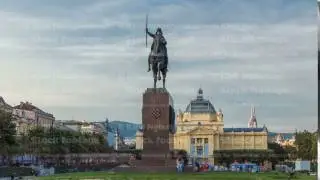 Monument of the Croatian King Tomislav timelapse hyperlapse and art pavilion in colorful park, in