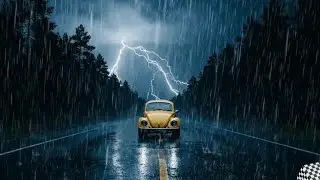 Mountain Road Ambience for Sleep I Dark Rainstorm ASMR with Thunder | Yellow VW Car