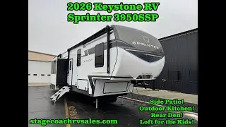 2026 KEYSTONE RV SPRINTER 3950SSP WALKTHROUGH! SIDE PATIO! OUTDOOR KITCHEN! REAR DEN! LOFT!