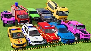 TRANSPORTING POLICE CARS, AMBULANCE, FIRE TRUCK, COLORFUL CARS WITH TRUCK -FARMING SIMULATOR 22!