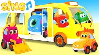 A truck, cars, and an excavator are riding on a yellow bus and singing a song.
