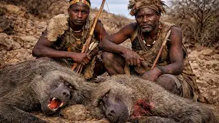 Hadzabe hunters with wild baboons 