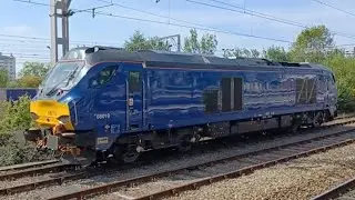 Class 68 diesel locomotive arriving/departing Stockport station, Great Britain