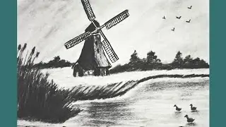 Dutch Breeze &ndash; Charcoal Windmill Landscape