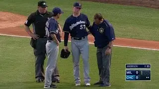 MIL@CHC: Anderson leaves after being hit by a liner