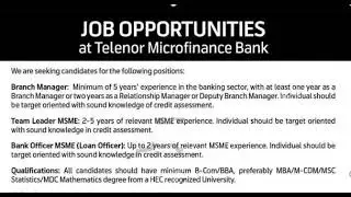 Telenor Microfinance Bank Latest jobs 2021  - Latest jobs 2021 in all over Pakistan Telenor Jobs