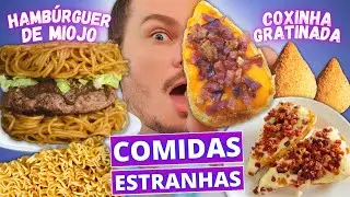 PROVAMOS COMIDAS ESTRANHAS DO APLICATIVO: HAMBÚRGUER DE MIOJO E COXINHA GRATINADA - Vale a pena?