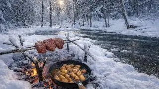 Primitive Steak Cooking over Campfire in the Winter Forest | Bushcraft Outdoor ASMR in the Wild