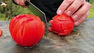 Campfire stewed rib eye steak, primitive open-fire cooking ASMR!