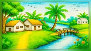 How to Draw a Riverside Village Scenery | Easy Nature Village House Drawing | গ্রামের দৃশ্য আঁকা