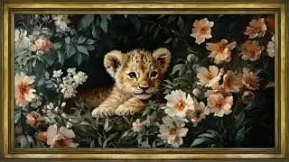 Lion Cub Among Blossoms &ndash; 4K Framed TV Art Screensaver | Floral Animal Painting