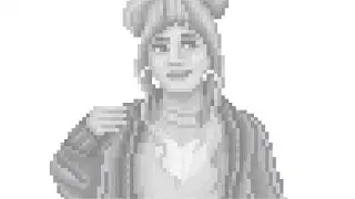 Portrait-style pixel art featuring a young woman with bright blue hair styled into two buns