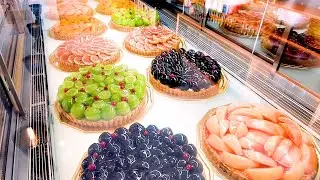 The process of making Japanese fruit tarts at a popular store
