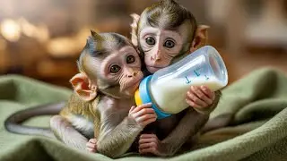 large animal family drinking milk together in one place  / escued baby monkey milk feeding