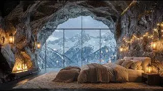 Cinematic Winter Cave Bedroom ❄️ Fireplace Glow & Snowfall Outside
