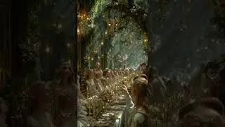 Hyper-realistic cinematic fantasy scene of an elven wedding in a lush enchanted forest. The camer...