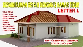 DESAIN RUMAH TINGGAL 8X14 M LETTER L || 3 Kamar Tidur Dengan Kombinasi Struktur Kayu & Beton