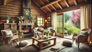 Springtime Cabin Ambiance 🌸 Gentle Breezes, Birdsong, and Crackling Fireplace Sounds 🌳