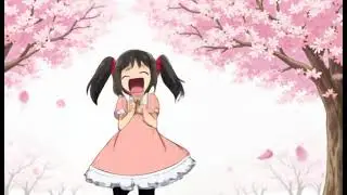 Anime girl Airi black twin tails, emerald eyes, pastel dress tries to catch a falling sakura petal s