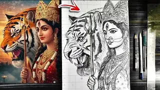 Navratri Special Maa Durga Drawing With Tiger Face, How To Draw Maa Durga, Angry Durga Thakur art