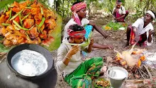 how santali people enjoy party with chicken kosha and natural palm wine in forest || tribe people
