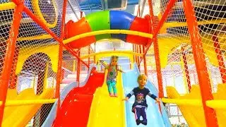 Vasena and Daddy at Indoor Playground Family Fun for Kids Play Center with Slides and Balls