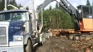 ZX350LL Hitachi Forester Butt-n-top Log Loader loading Timberwest camp run wood.