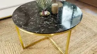 Table basse ronde marbre noir & m&eacute;tal dor&eacute; - Collection Floyd - Elle D&eacute;coration