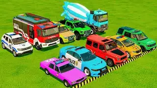 TRANSPORTING POLICE CARS, AMBULANCE, FIRE TRUCK, COLORFUL CARS WITH TRUCK ! FARMING SIMULATOR 22