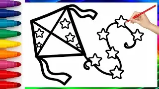How to draw Kite 🪁 Drawing easy step by step || Easy step by step colour flying Kite drawing.