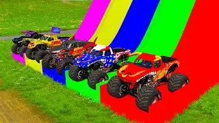 Double Flatbed Trailer Monster Trucks Transport with Slide Color - Cars vs Speed bump - BeamNG #73