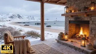 Peaceful Winter Porch by the Sea ❄ Soothing Piano Music with Cozy Fireplace & Ocean Sounds for Calm