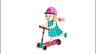 Scooter Drawing, Painting, Coloring for Kids | How to Draw a Girl Riding a Scooter