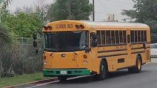 Two 2020 Blue Bird Rear Motor Electric School Buses on a field trip. Empty bus ride to the school.