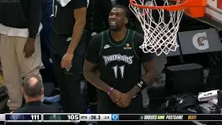 Naz Reid is in pain after trying to catch the pass by Julius Randle, late in the 4th quarter