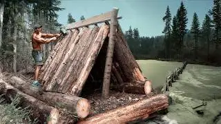 Survival Log Cabin by the Lake &mdash; Solo Build, Ice Fishing & Wild Cooking