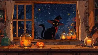 Magical Halloween Night 🎃 | Cozy Witch Cat LoFi Ambience by the Window