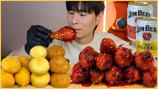 Курица, приправленная золотистыми оливками, с соусом барбекю и сырными шариками Mukbang ASMR