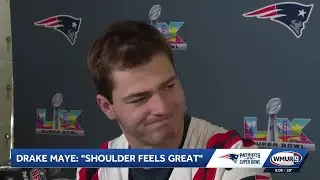 Drake Maye answers questions about his shoulder as he gets ready for Super Bowl