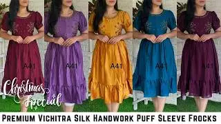 Premium Vichitra Silk Handwork Puff Sleeve Frocks | AllTime Outfits #partywear #handworkkurti